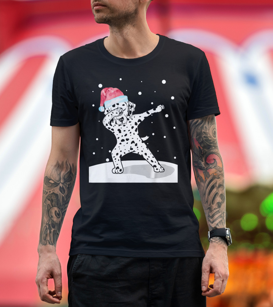Santa Hat Dabbing Dalmatian Funny Dab Dance Snowfall T-Shirt