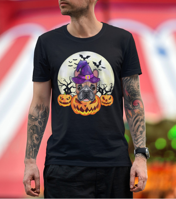 Premium T-Shirt: Funny Halloween French Bulldog with Witch Hat and Pumpkins T-Shirt Funny Halloween French Bulldog with Witch Hat and Pumpkins T-Shirt