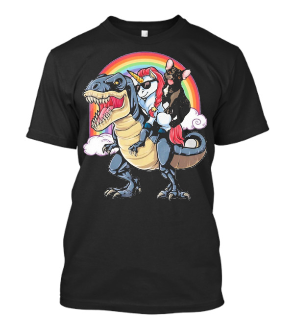 Frenchie Riding Unicorn Dinosaur Rex Rainbow T-Shirt