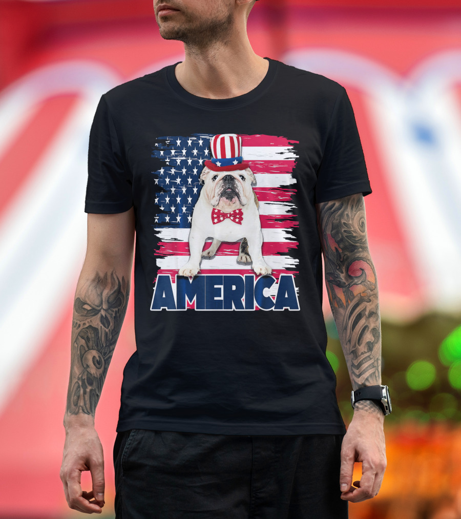 English Bulldog America 4th of July American Flag Hat T-Shirt