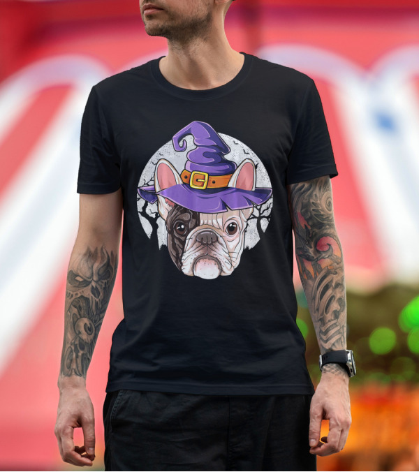 Premium T-Shirt: French Bulldog in Purple Witch Hat with Spooky Trees Background T-Shirt French Bulldog in Purple Witch Hat with Spooky Trees Background T-Shirt