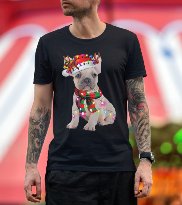 Premium T-Shirt: French Bulldog with Christmas Reindeer Hat and Festive Lights Scarf T-Shirt French Bulldog with Christmas Reindeer Hat and Festive Lights Scarf T-Shirt