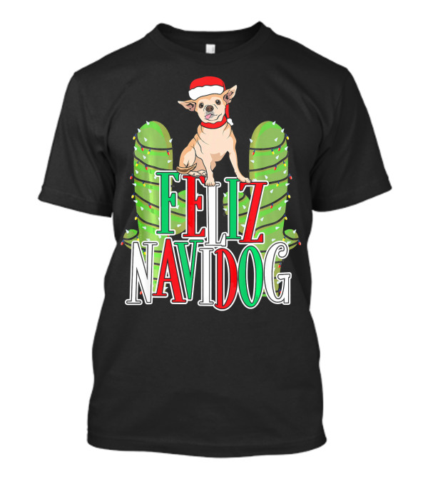 Feliz Navidog Chihuahua Santa Hat Christmas Cactus Lights T-Shirt