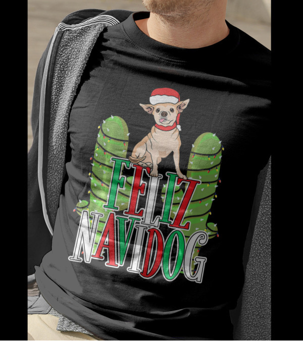 Feliz Navidog Chihuahua Santa Hat Christmas Cactus Lights T-Shirt