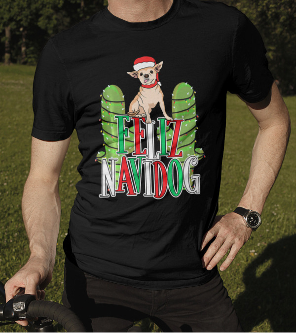 Feliz Navidog Chihuahua Santa Hat Christmas Cactus Lights T-Shirt