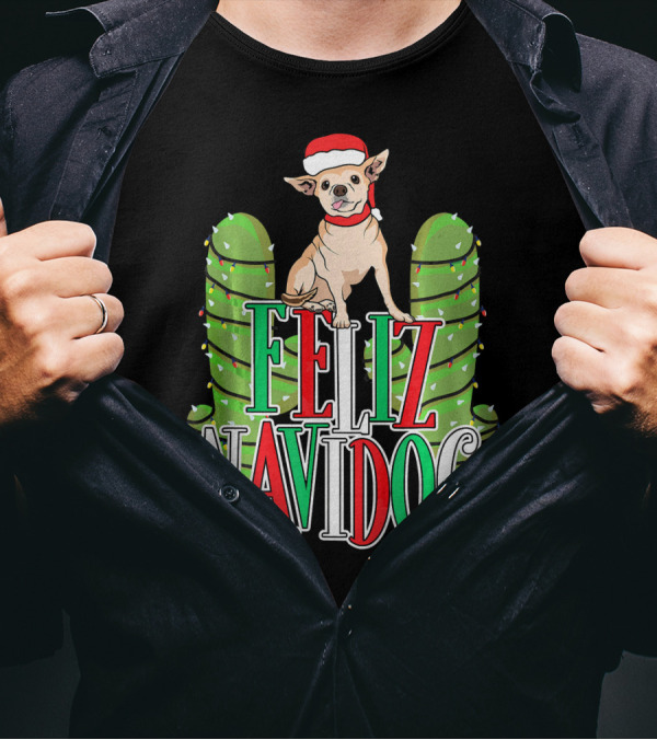 Feliz Navidog Chihuahua Santa Hat Christmas Cactus Lights T-Shirt