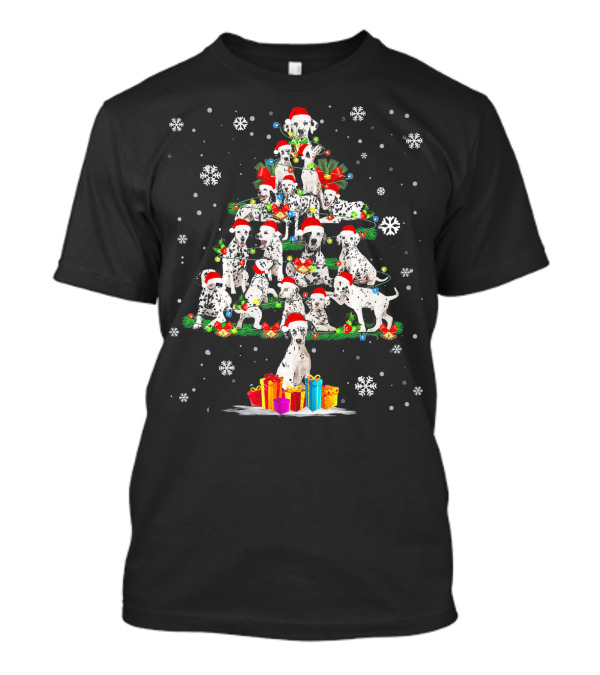 Funny Dalmatian Christmas Tree With Santa Hats And Presents T-Shirt