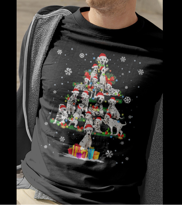 Funny Dalmatian Christmas Tree With Santa Hats And Presents T-Shirt
