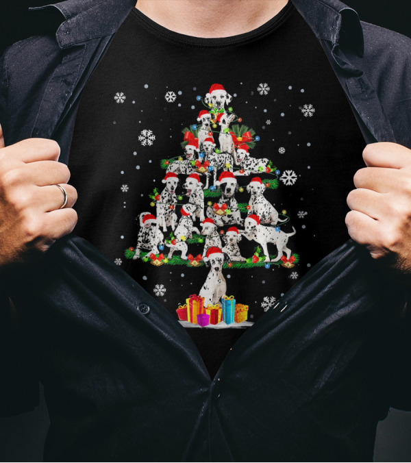 Funny Dalmatian Christmas Tree With Santa Hats And Presents T-Shirt