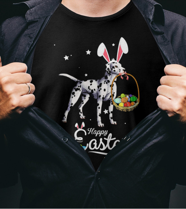 Funny Dalmatian With Bunny Ears And Eggs Happy Easter T-Shirt