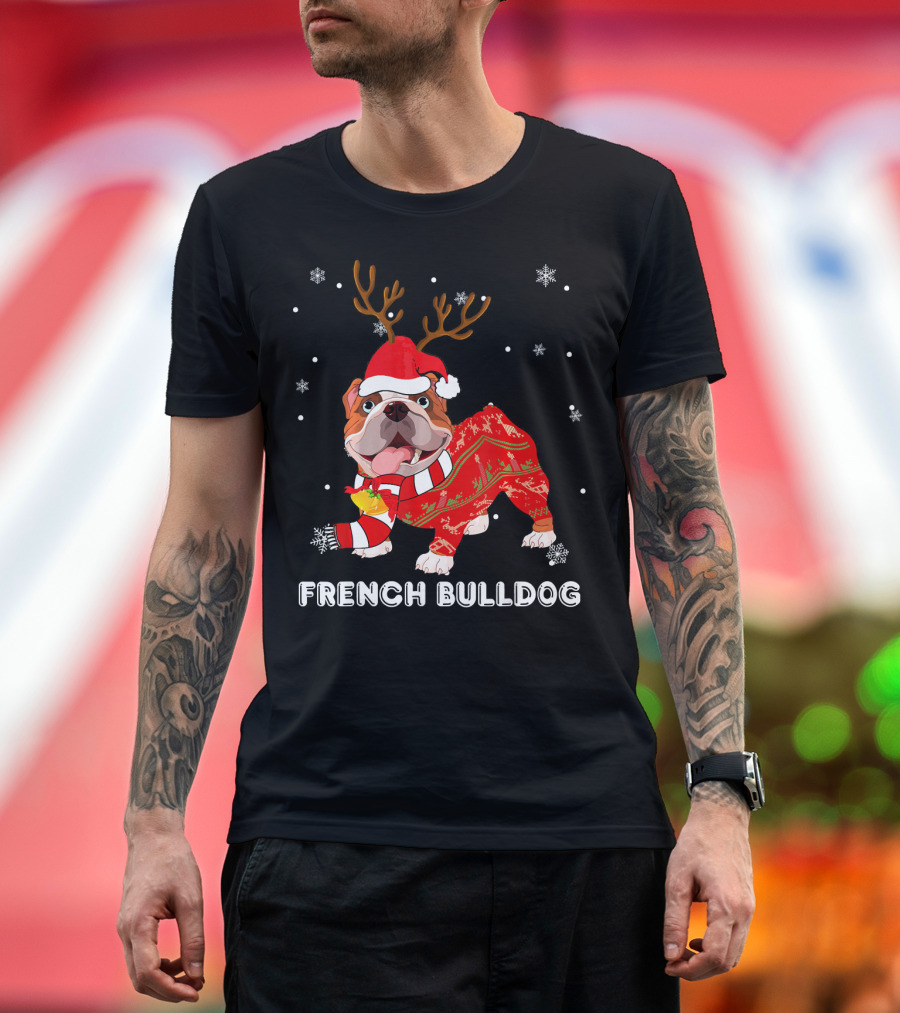 French Bulldog Santa Hat Reindeer Sweater Christmas Dog T-Shirt