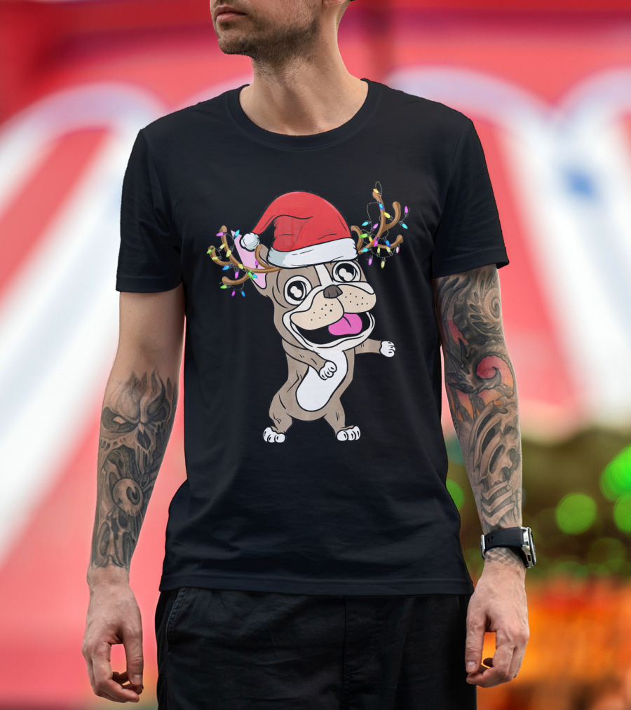 French Bulldog with Santa Hat and Reindeer Antlers Lights T-Shirt