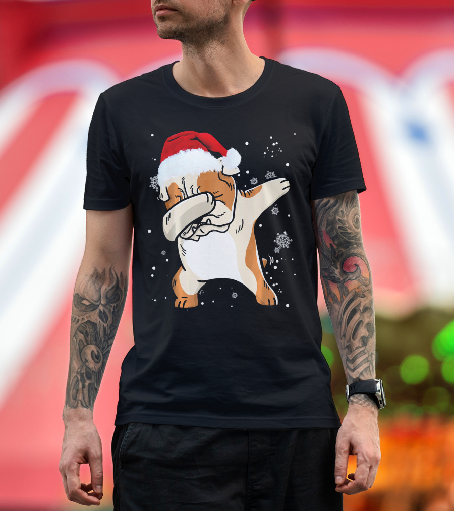 English Bulldog Dabbing Santa Christmas Snowflakes T-Shirt