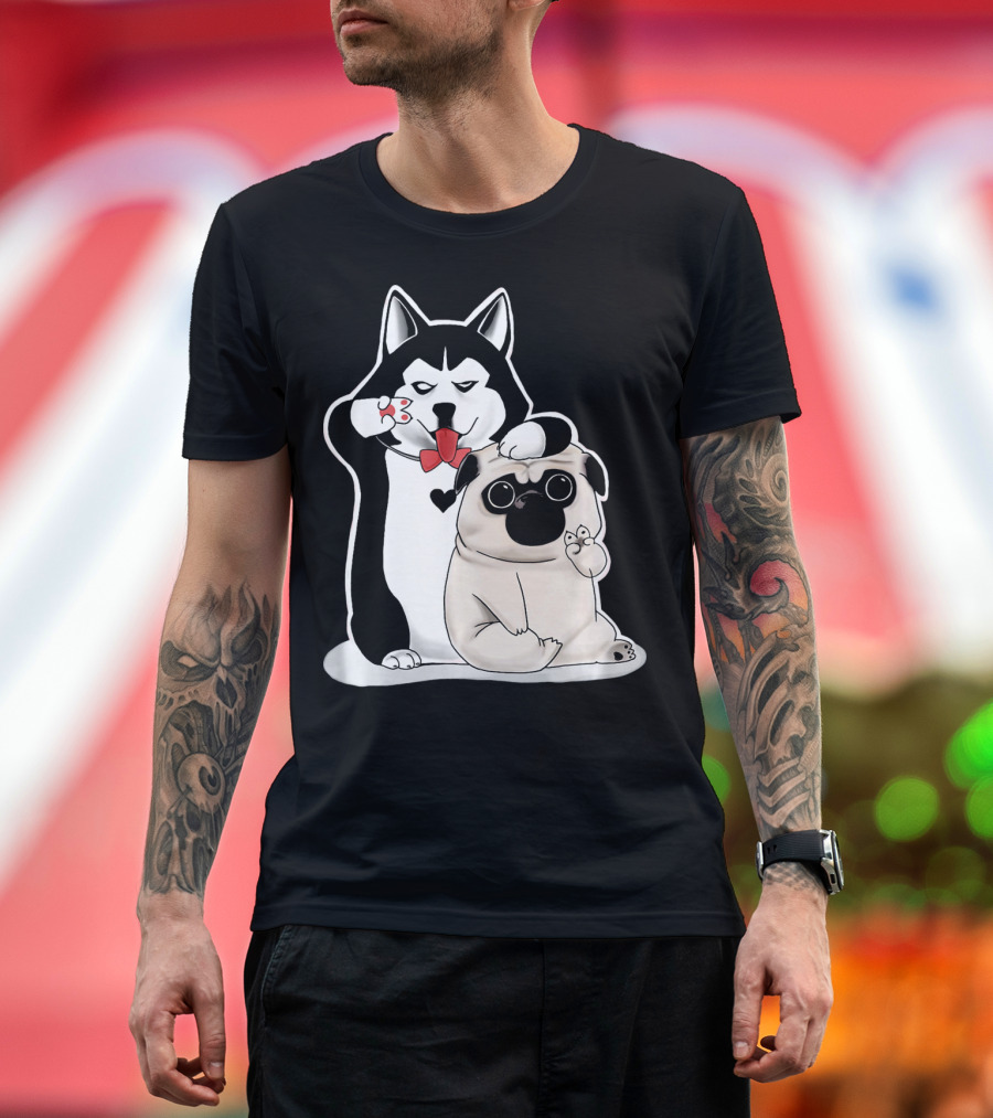 Funny Pug and Husky with Red Bow Tie and Heart Paws T-Shirt