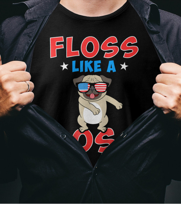 Floss Like A Boss Pug Wearing Patriotic Sunglasses 4th Of July T-Shirt