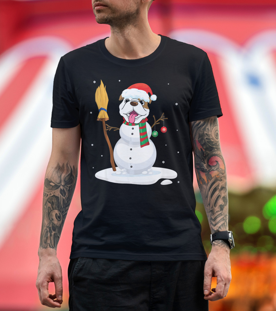 English Bulldog Snowman With Xmas Costume Snowflakes Broom Scarf Ornaments T-Shirt