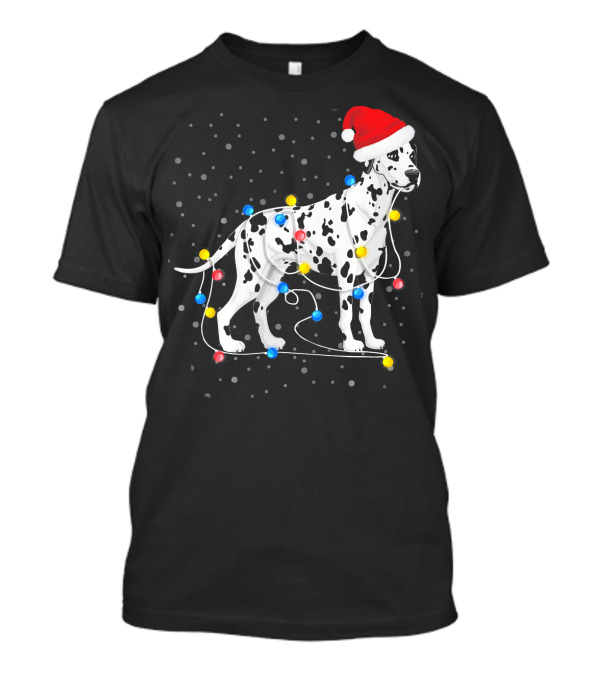 Dalmatian Wrapped In Colorful Christmas Lights With Santa Hat T-Shirt