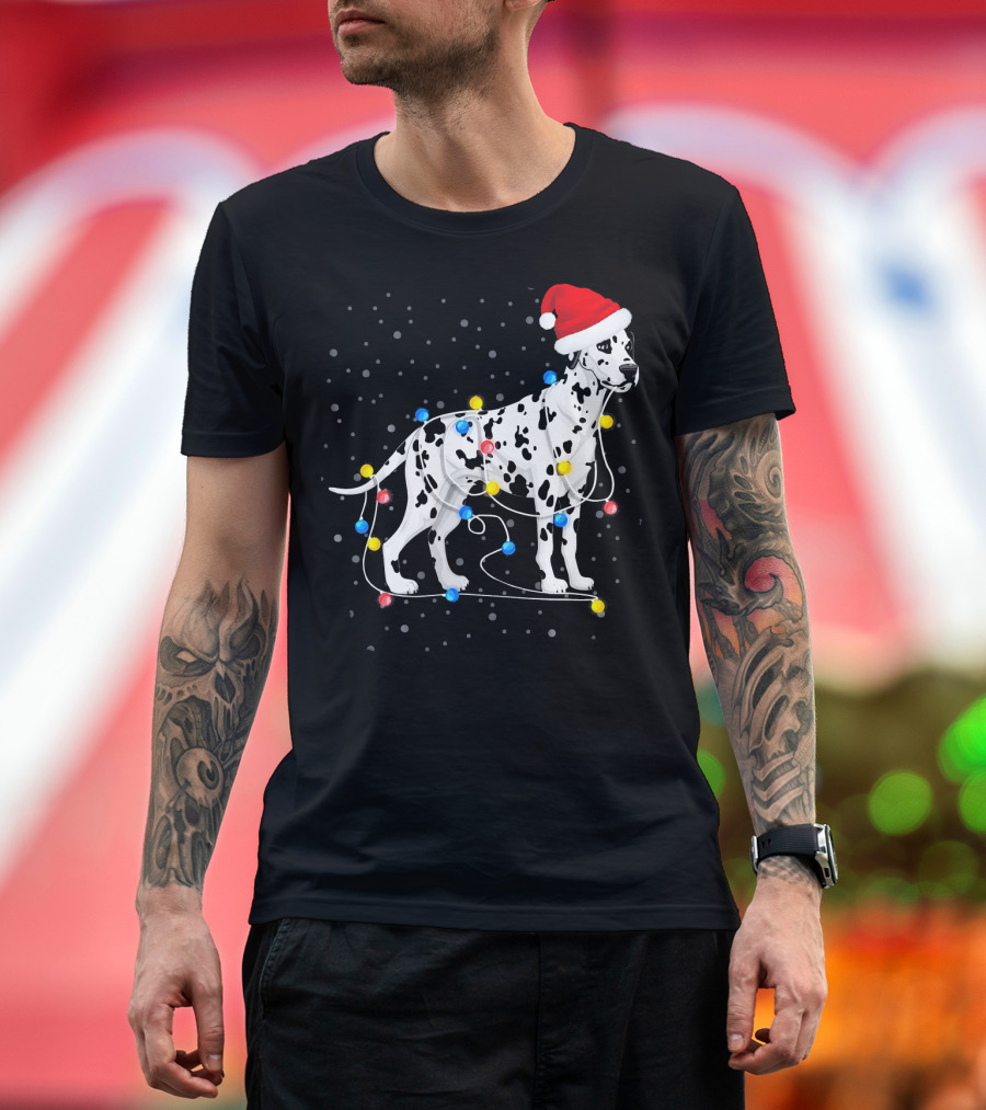 Dalmatian Wrapped in Colorful Christmas Lights with Santa Hat T-Shirt
