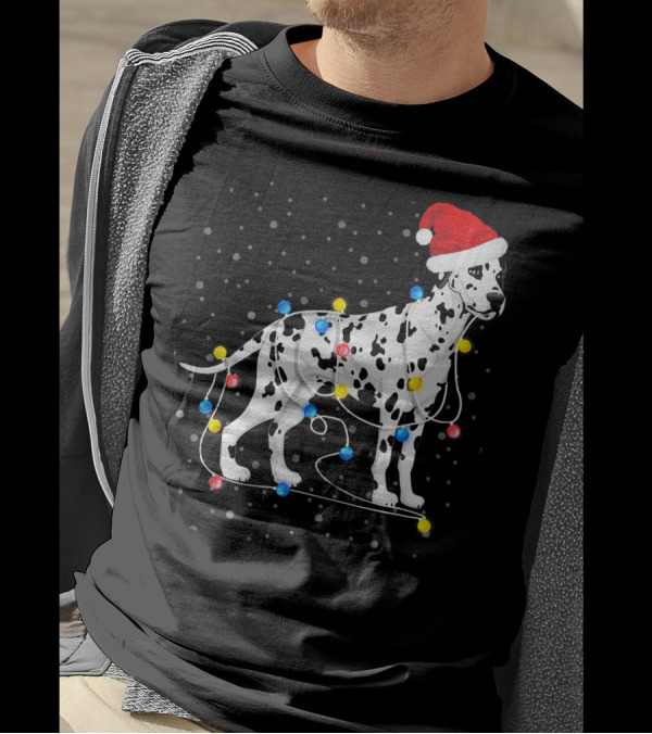 Dalmatian Wrapped In Colorful Christmas Lights With Santa Hat T-Shirt