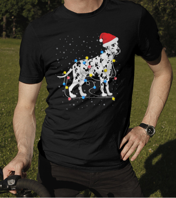 Dalmatian Wrapped In Colorful Christmas Lights With Santa Hat T-Shirt