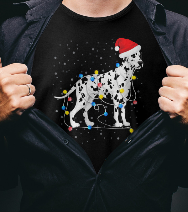 Dalmatian Wrapped In Colorful Christmas Lights With Santa Hat T-Shirt
