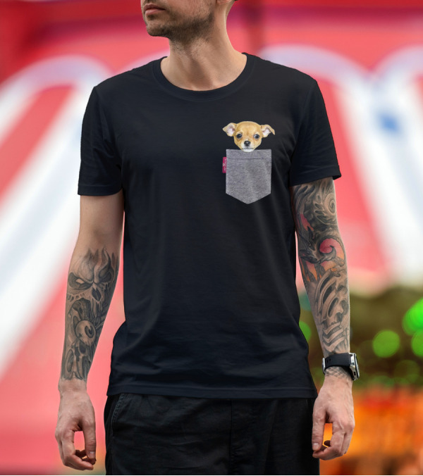Premium T-Shirt: Funny Chihuahua in a Pocket Cute Puppy Brown Dog in Gray Pocket T-Shirt Funny Chihuahua in a Pocket Cute Puppy Brown Dog in Gray Pocket T-Shirt
