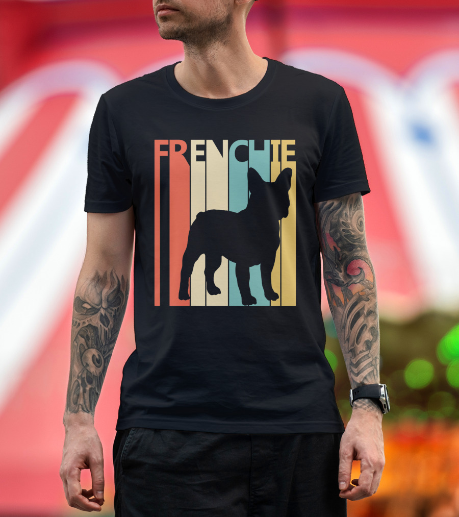 FRENCHIE French Bull Silhouette Retro Stripes T-Shirt