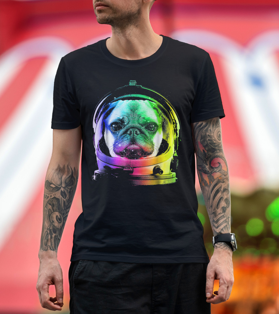 Pug Astronaut in Rainbow Space Helmet T-Shirt