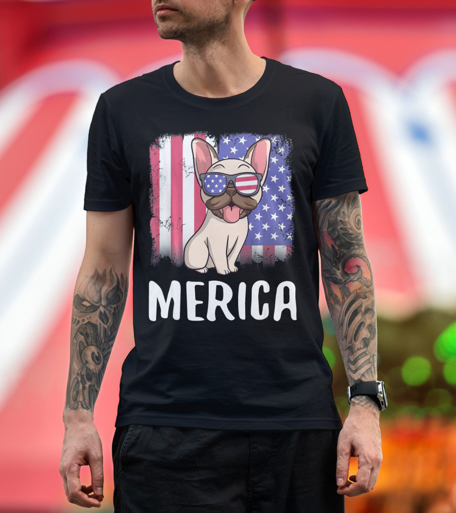 Merica French Bulldog Dog Frenchie Ameri with American Flag Sunglasses and Background T-Shirt