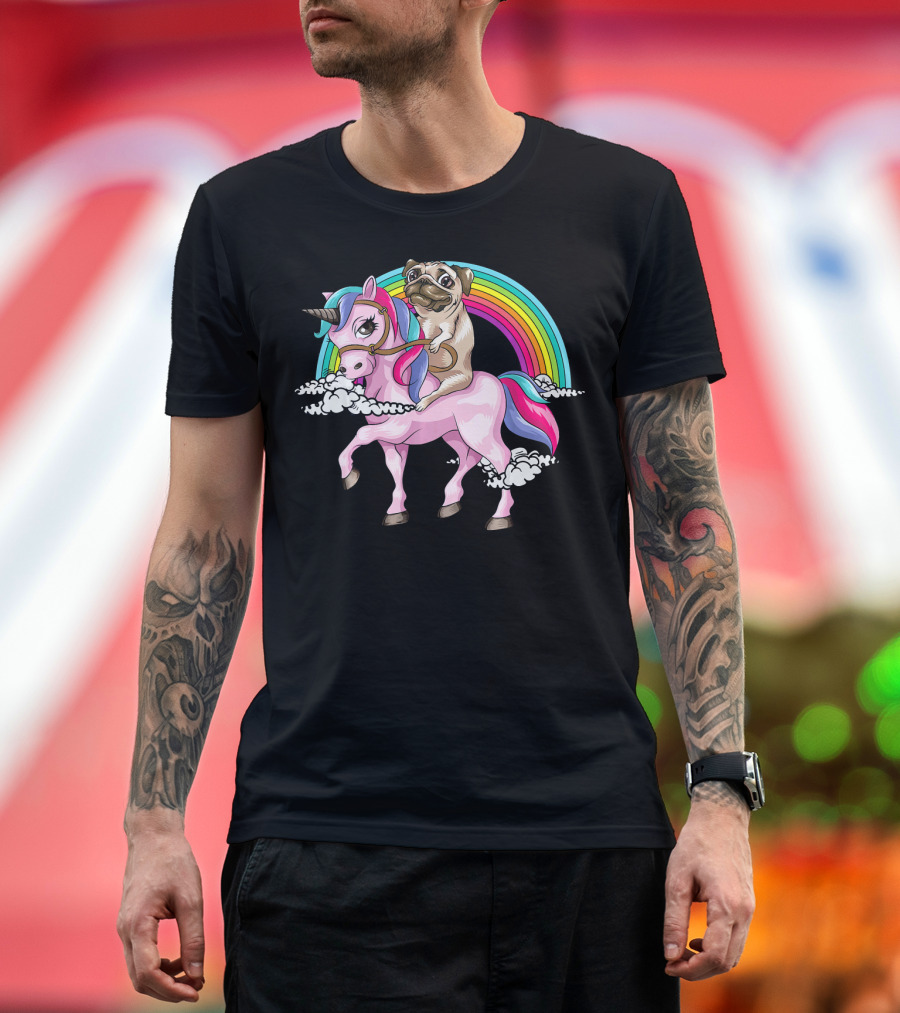Pug Riding Unicorn Rainbow Pugacorn Dog Clouds and Magic Horse T-Shirt