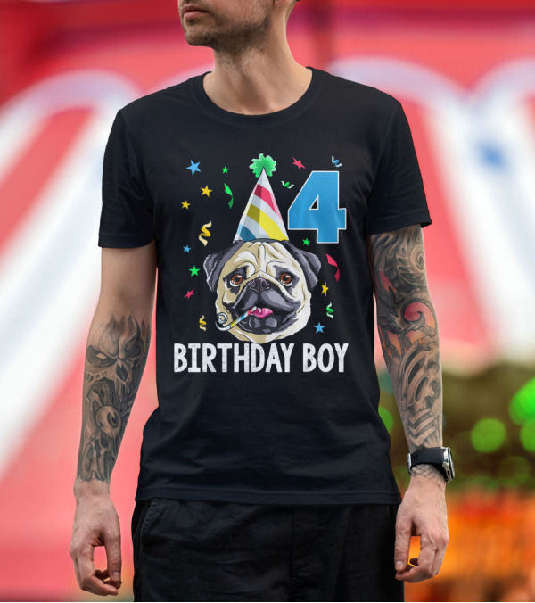 Premium T-Shirt: Birthday Boy Pug Wearing Party Hat 4th with Confetti T-Shirt Birthday Boy Pug Wearing Party Hat 4th with Confetti T-Shirt