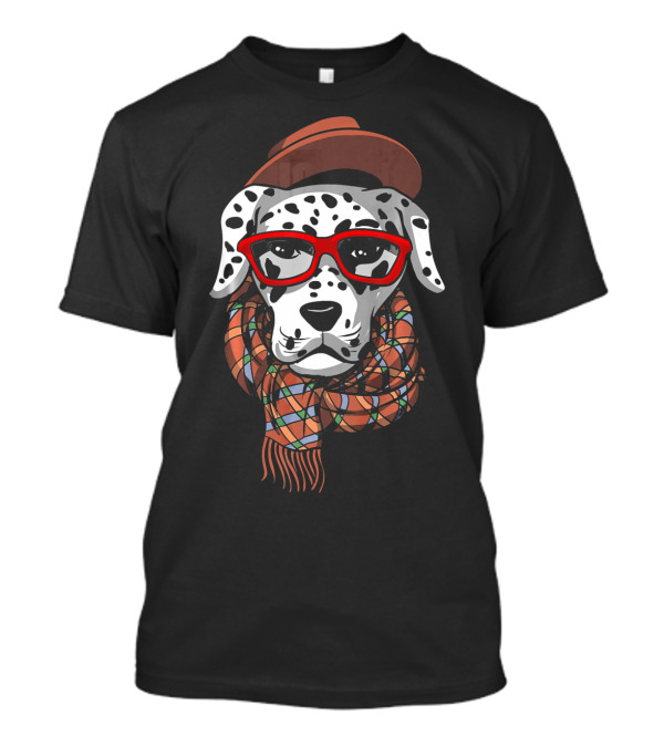 Hipster Dalmatian Dog Nerd Wearing Red Glasses And Scarf With Hat T-Shirt