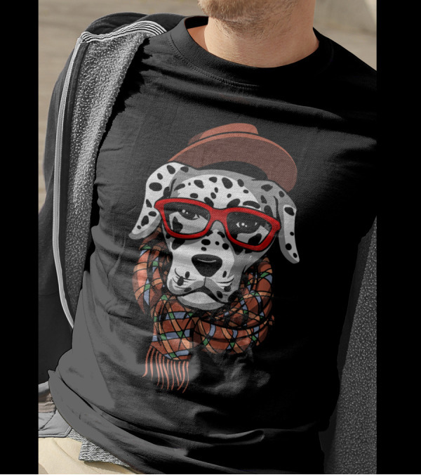 Hipster Dalmatian Dog Nerd Wearing Red Glasses And Scarf With Hat T-Shirt