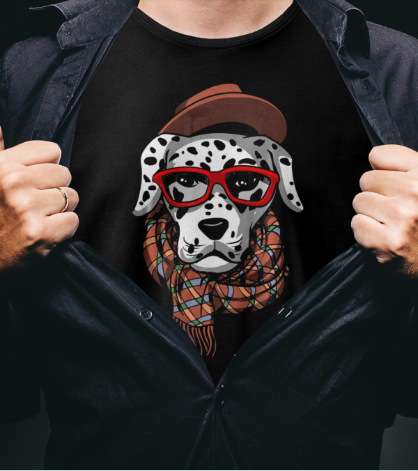 Hipster Dalmatian Dog Nerd Wearing Red Glasses And Scarf With Hat T-Shirt