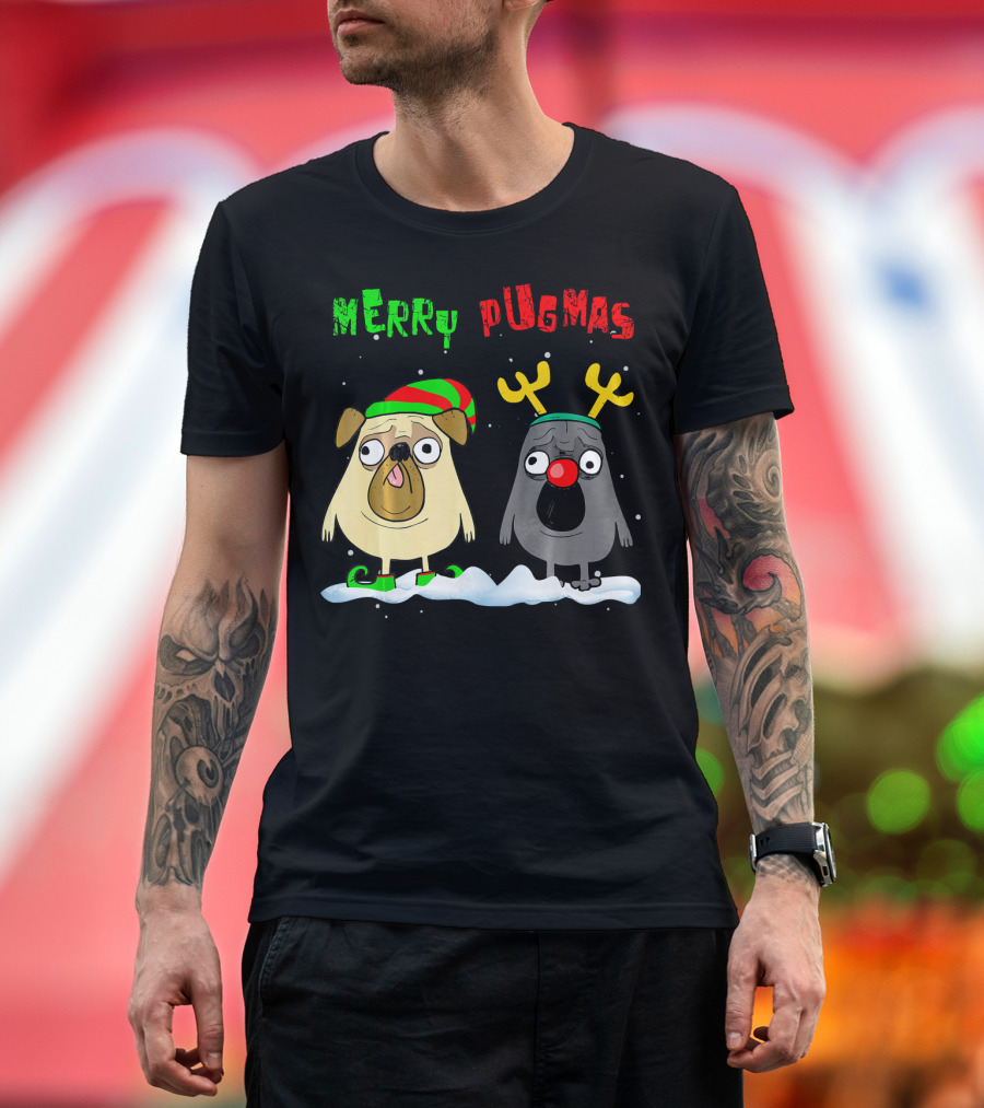 Merry Pugmas Pug Christmas Reindeer Elf Party Xmas T-Shirt