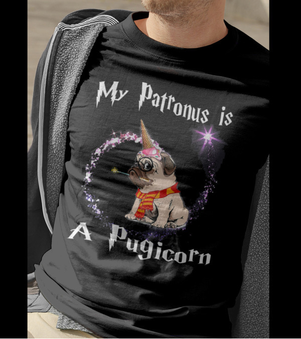 My Patronus Is A Pugicorn Wizard Pug With Horn And Scarf Magic Burst T-Shirt