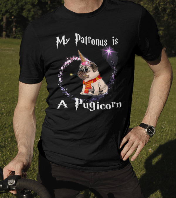 My Patronus Is A Pugicorn Wizard Pug With Horn And Scarf Magic Burst T-Shirt
