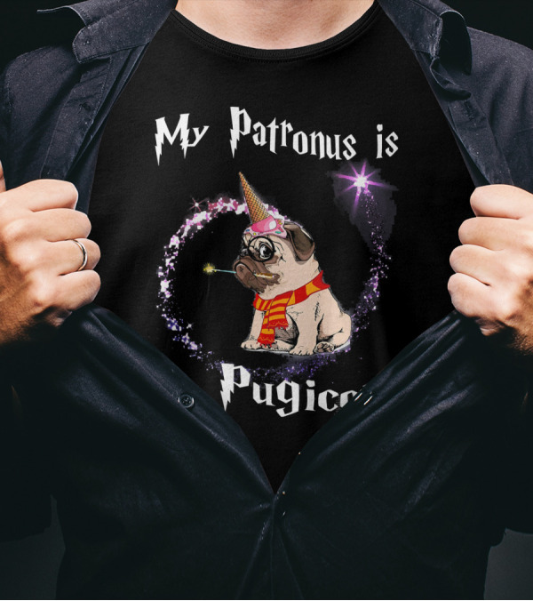 My Patronus Is A Pugicorn Wizard Pug With Horn And Scarf Magic Burst T-Shirt