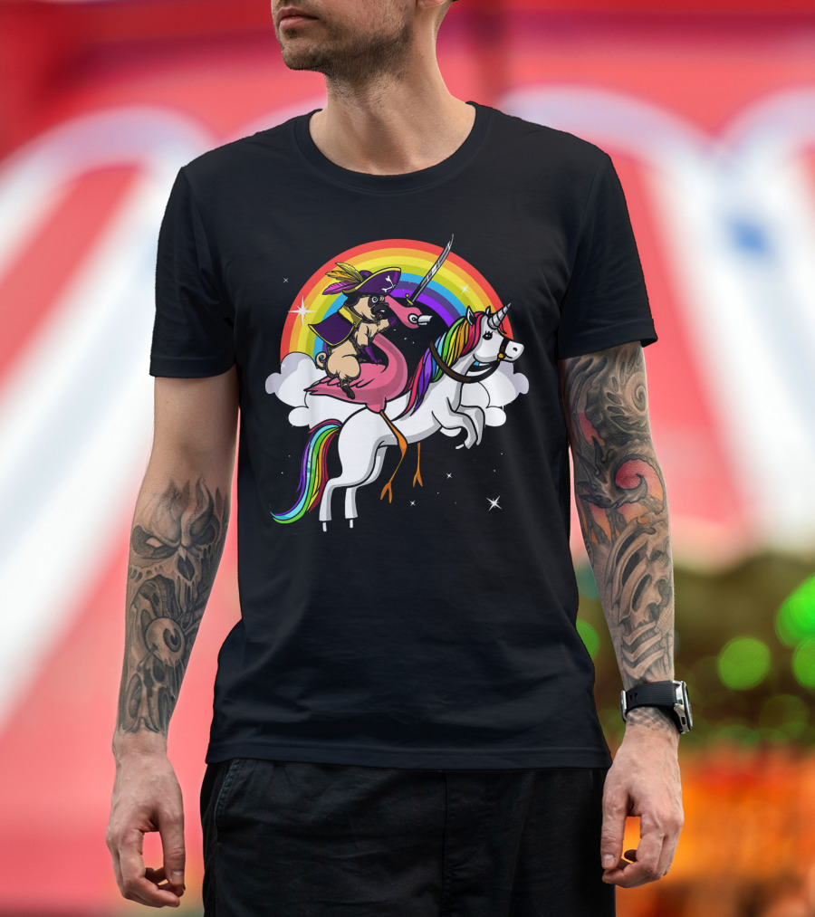 Pug Dog Pirate and Flamingo Bird Riding Rainbow Unicorn T-Shirt