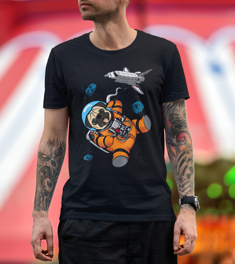 Pug Astronaut Floating with Space Shuttle and Asteroids in Galaxy T-Shirt