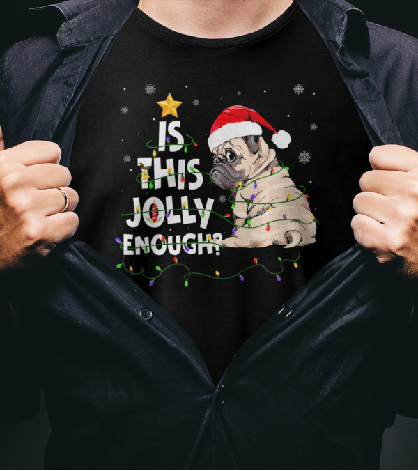 Is This Jolly Enough Pug Santa Hat Christmas Lights Snowflakes T-Shirt