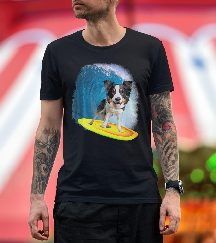 Big Headed Border Collie Riding Wave on Surfboard Scene T-Shirt