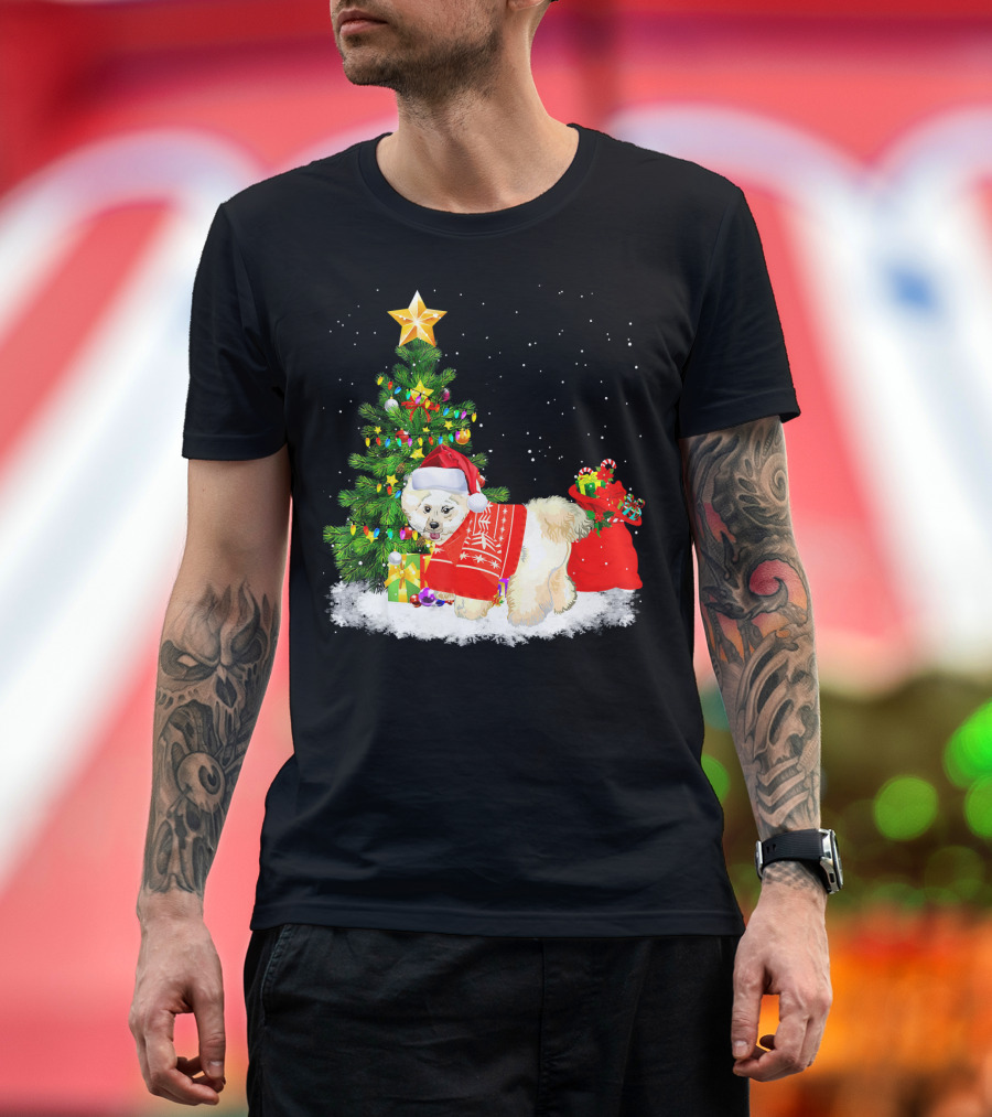 Bichon Frise Dog Christmas Tree Santa Hat Holiday Scene T-Shirt