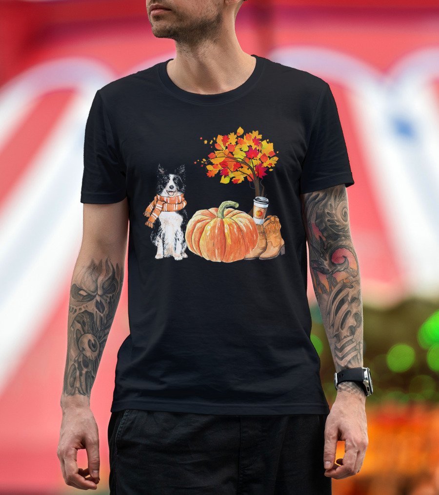 Border Collie Cozy Autumn Pumpkin Spice Latte with Scarf and Fall Foliage T-Shirt