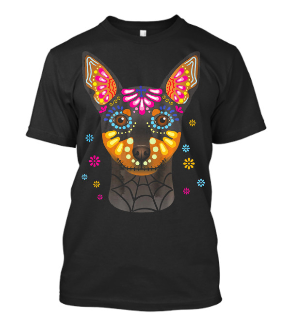 Day Of The Dead Miniature Doberman Pinscher Colorful Sugar Skull Dog Face T-Shirt