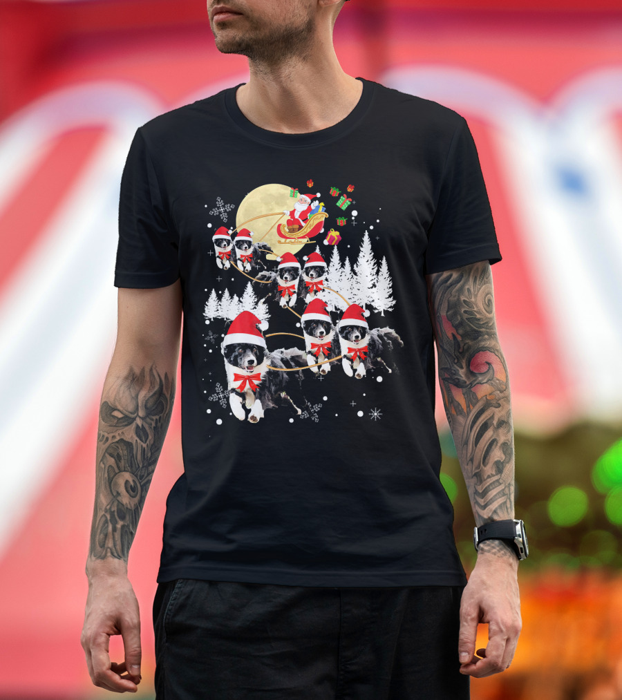 Border Collie Santa Sleigh Christmas Reindeer Snowflakes T-Shirt