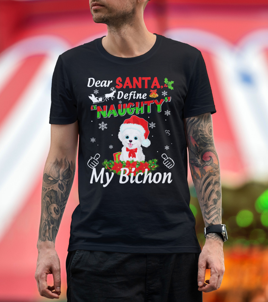 Dear Santa Define Naughty My Bichon Snowflakes Sleigh Holly Santa Hat T-Shirt