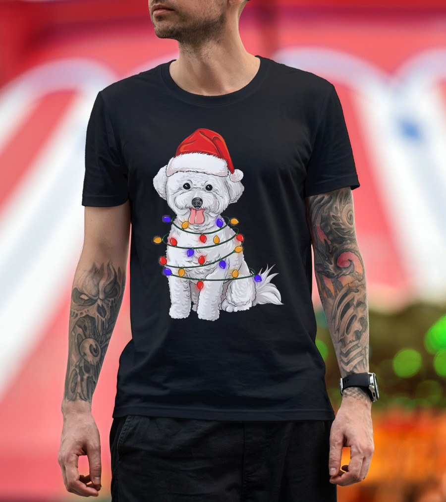 Bichon Frise with Santa Hat and Christmas Lights T-Shirt