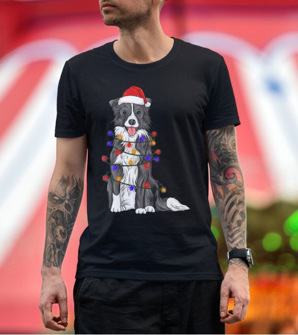 Premium T-Shirt: Border Collie with Santa Hat Wrapped in Colorful Christmas Lights T-Shirt Border Collie with Santa Hat Wrapped in Colorful Christmas Lights T-Shirt