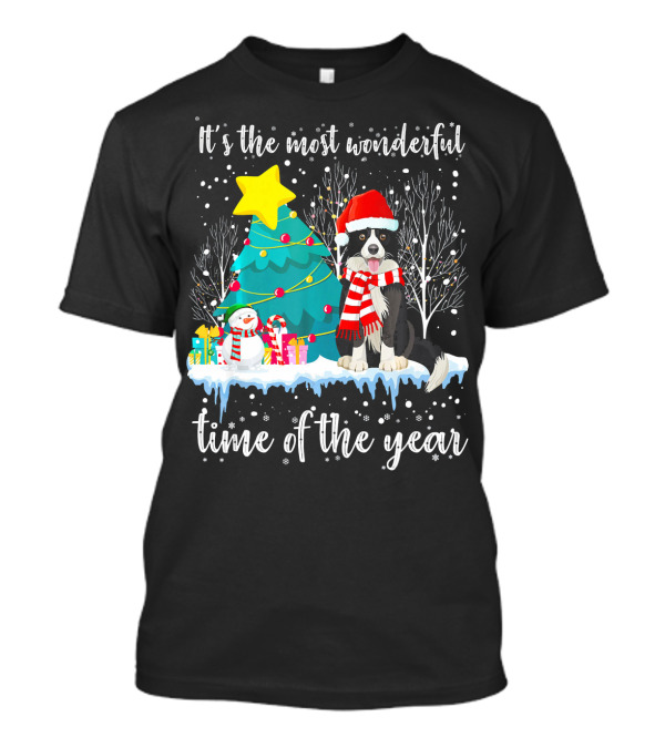 Border Collie It's The Most Wonderful Time Of The Year Christmas Tree Snowman Scene T-Shirt